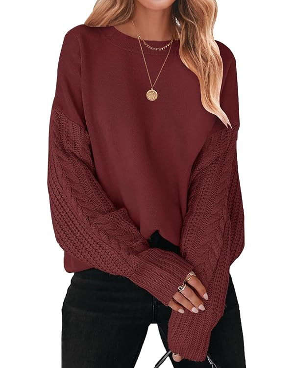 ZESICA Women's 2025 Fall Long Sleeve Crew Neck Solid Color Cable Knit Chunky Casual Oversized Pul... | Amazon (US)