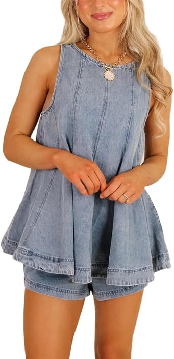 REASERAL Women's Casual Denim Sleeveless Flared Tank Top and High Waisted Shorts Two Piece Outfit Set | Amazon (US)