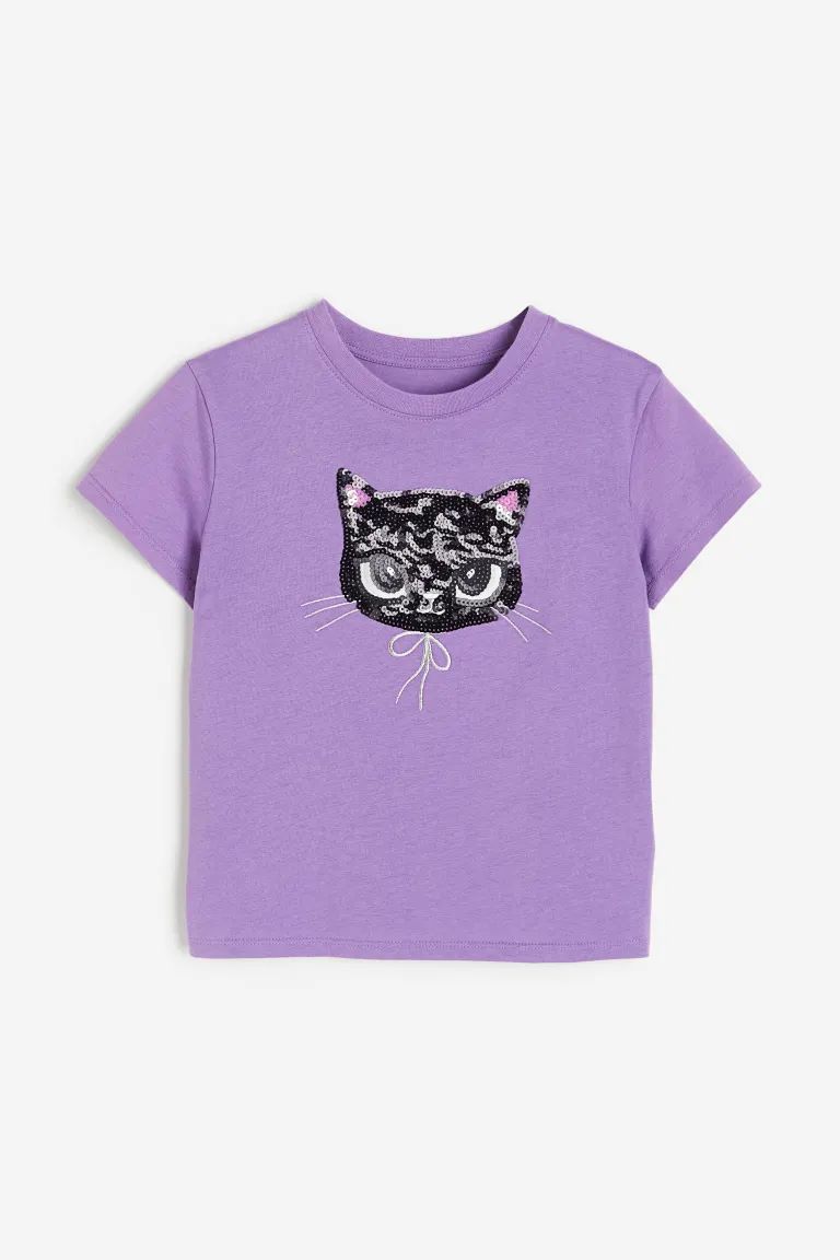 T-shirt with Motif - Purple/cat - Kids | H&M US | H&M (US + CA)