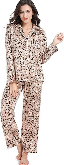 Serenedelicacy Women's Satin Pajama Set 2-Piece Sleepwear Loungewear Long Sleeve Button Down Silky P | Amazon (US)