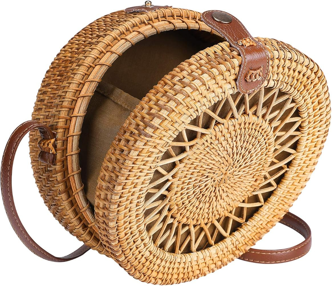 Round Rattan Bag for Women Straw Bag Handwoven Beach Bohemian Shoulder Purse by Enmain | Amazon (US)