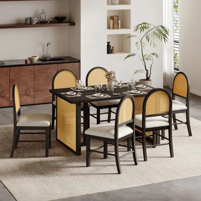 7 Pieces Wooden Dining Table Set For 6, 59.8'' W Kitchen Table Set With 6 Rattan Chairs | Wayfair North America