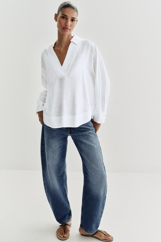 LINEN BLEND BLOUSE WITH POLO COLLAR | Zara UK