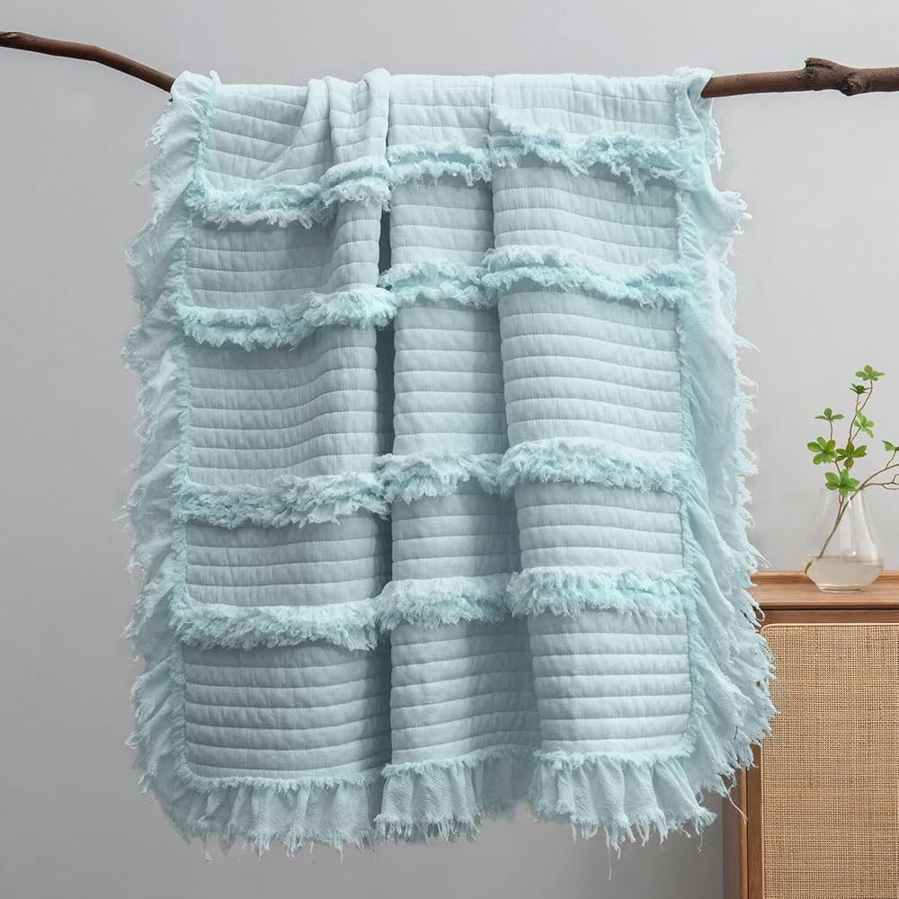 Ultra Soft Pre-Washed Quilted Boho Throw Blanket, Ruffle Fringed Light Blue Decorative Throw, Sto... | Amazon (US)