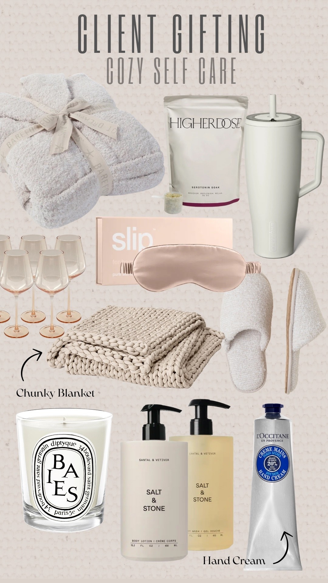 The perfect client gifting guide but cozy self care edition! 

Fuzzy Cozy Robe Bath Salts Brumate Slip Eye Mask Wine Glasses Chunky Blanket Diptyque Candle Salt And Stone Hand Cream Self Care Finds Cozy Fall Gift Guide 

#LTKBeauty #LTKSeasonal #LTKHome