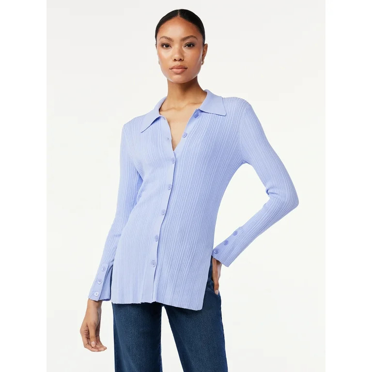 Scoop Women's Knit Button Front Shirt with Collar | Walmart (US)