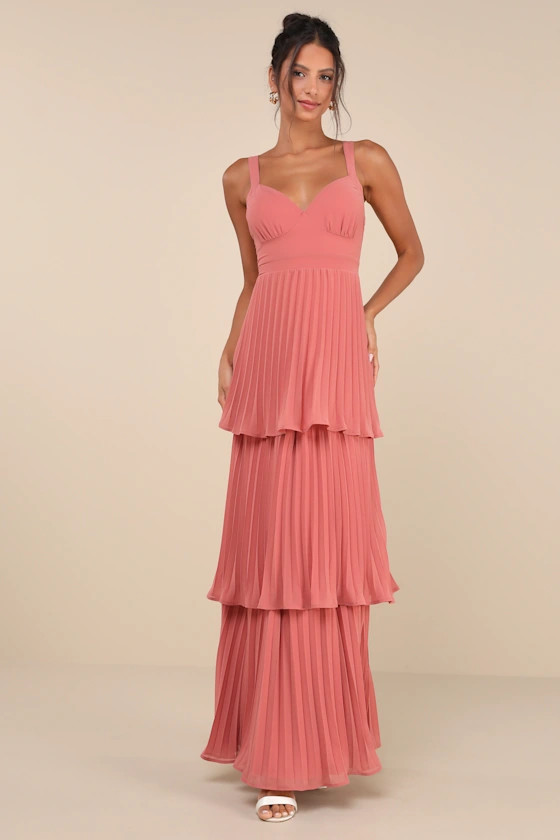 Luxe Perfection Rusty Rose Pleated Tiered Backless Maxi Dress | Lulus
