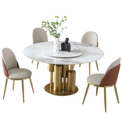 53 - Inch Round Table With Smooth Rotating Lazy , Sintered Stone Surface, For Dining Room Entertaining, Seats 4, Stain , American Luxury Modern Aesthe | Wayfair North America