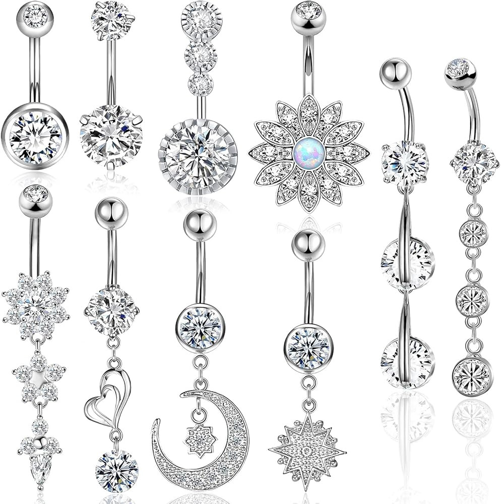 Belly Button Piercing Ring for Women Girls, 10 PCS 14G Surgical Steel Belly Button Rings Barbell ... | Amazon (US)