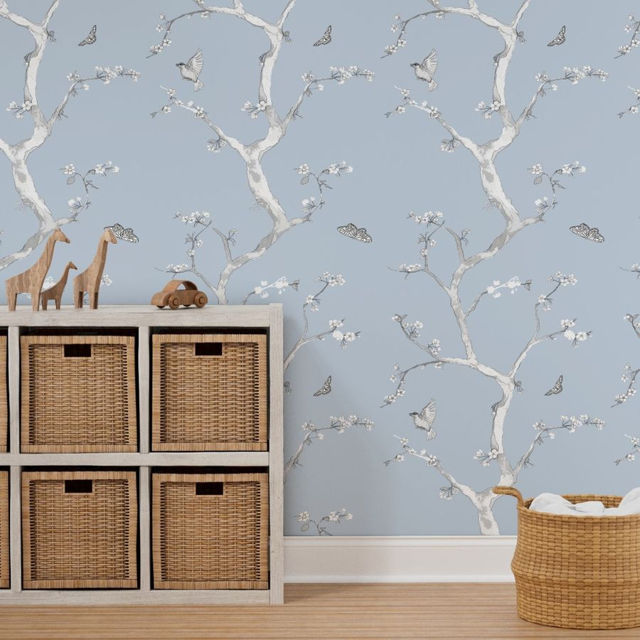 Jenny Modern cherry blossoms on cornflower | Spoonflower