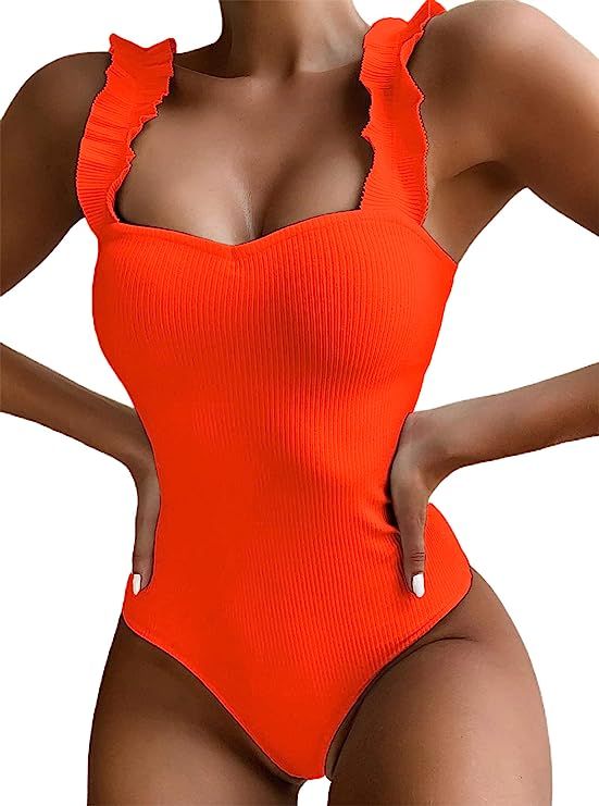 Avanova Women's Ruffle Strappy Ribbed One Piece Swimsuits Tummy Control Swimwear Bathing Suits | Amazon (US)