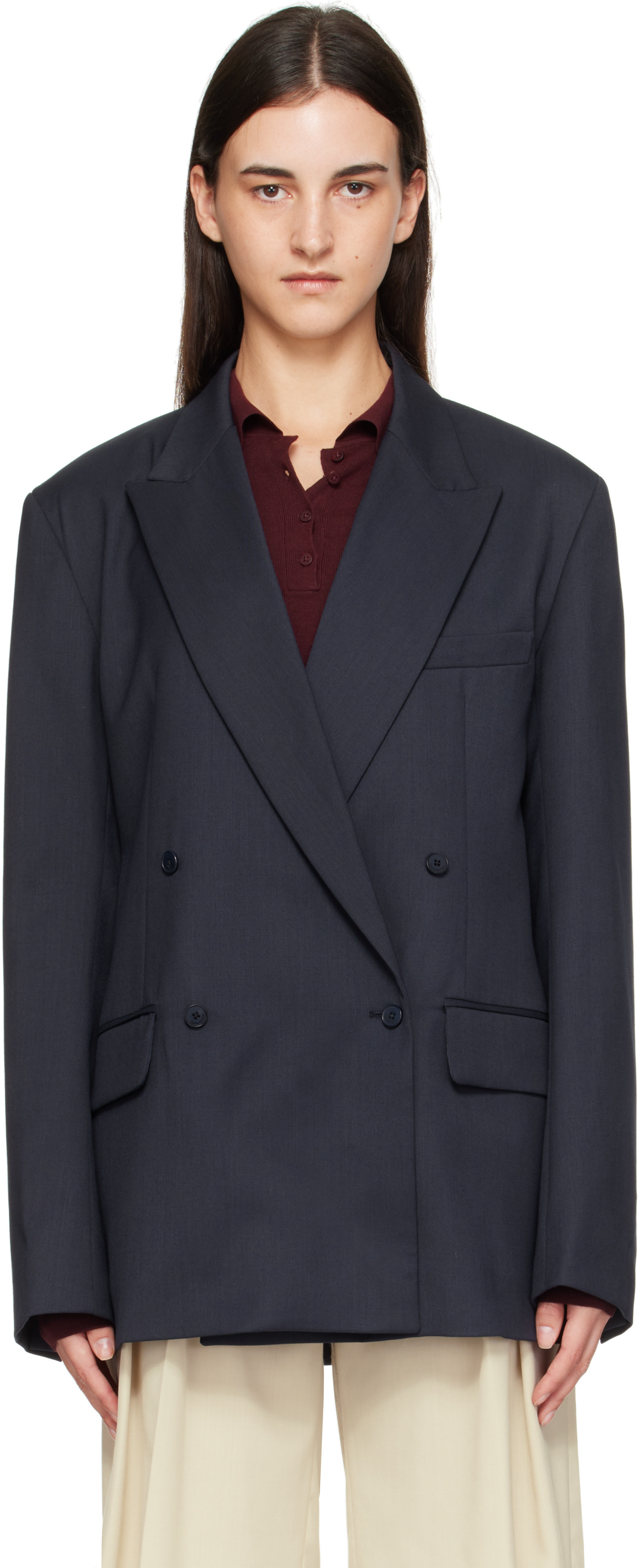 The Frankie Shop Navy Newark Double Breasted Blazer | SSENSE