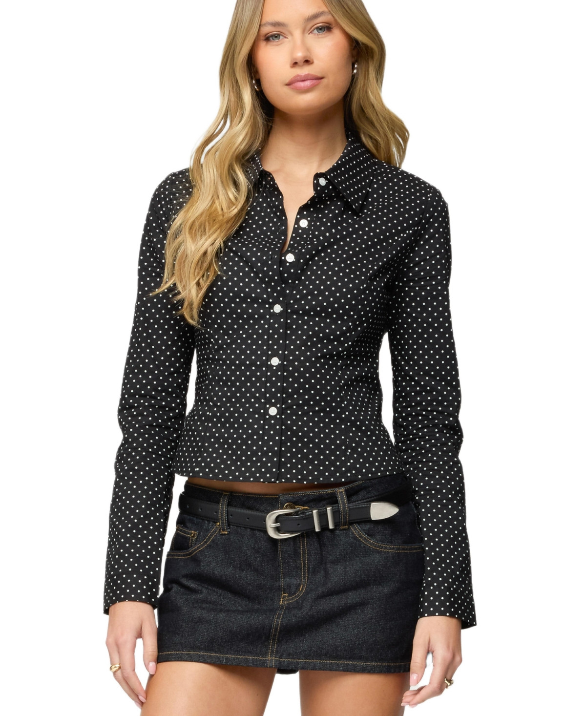 Edikted Women's Ilia Polka Dot Button Up Shirt - Black-and-white | Macy's