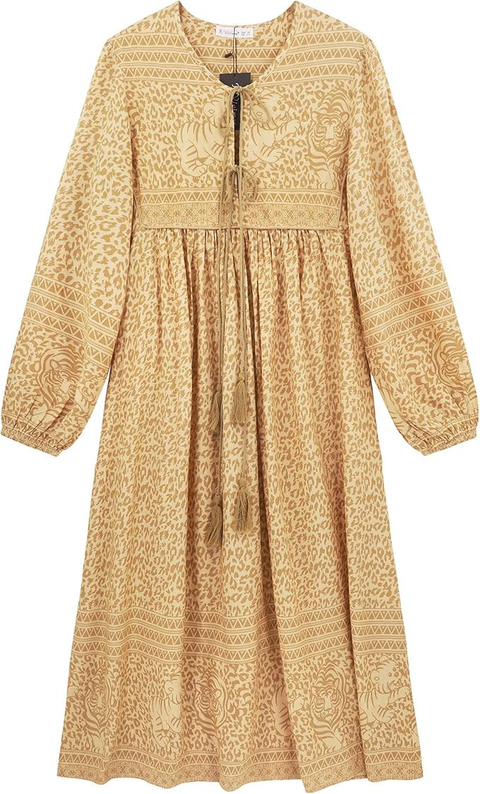 R.Vivimos Women's Long Sleeve Floral Print Retro V Neck Tassel Bohemian Midi Dresses | Amazon (US)