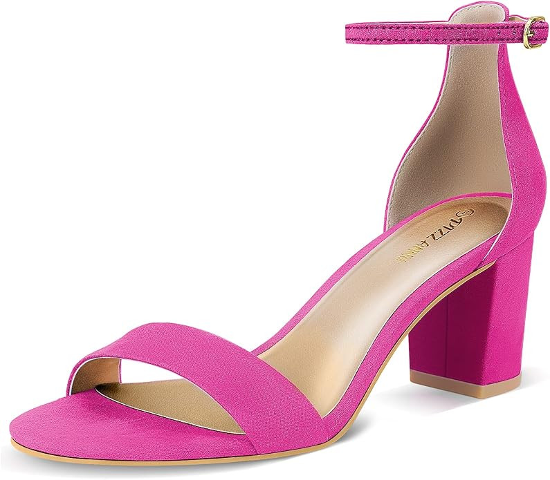 PIZZ ANNU Women's Open Toe Ankle Strap Low Block Chunky Heels Sandals Party Dress Pumps Shoes Str... | Amazon (US)