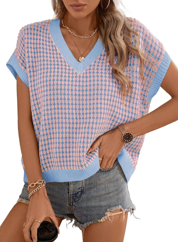 Dokotoo Womens Casual Summer Tops V Neck Short Sleeve Plaid Knit Vest Loose Fit Pullover Sweaters... | Amazon (US)