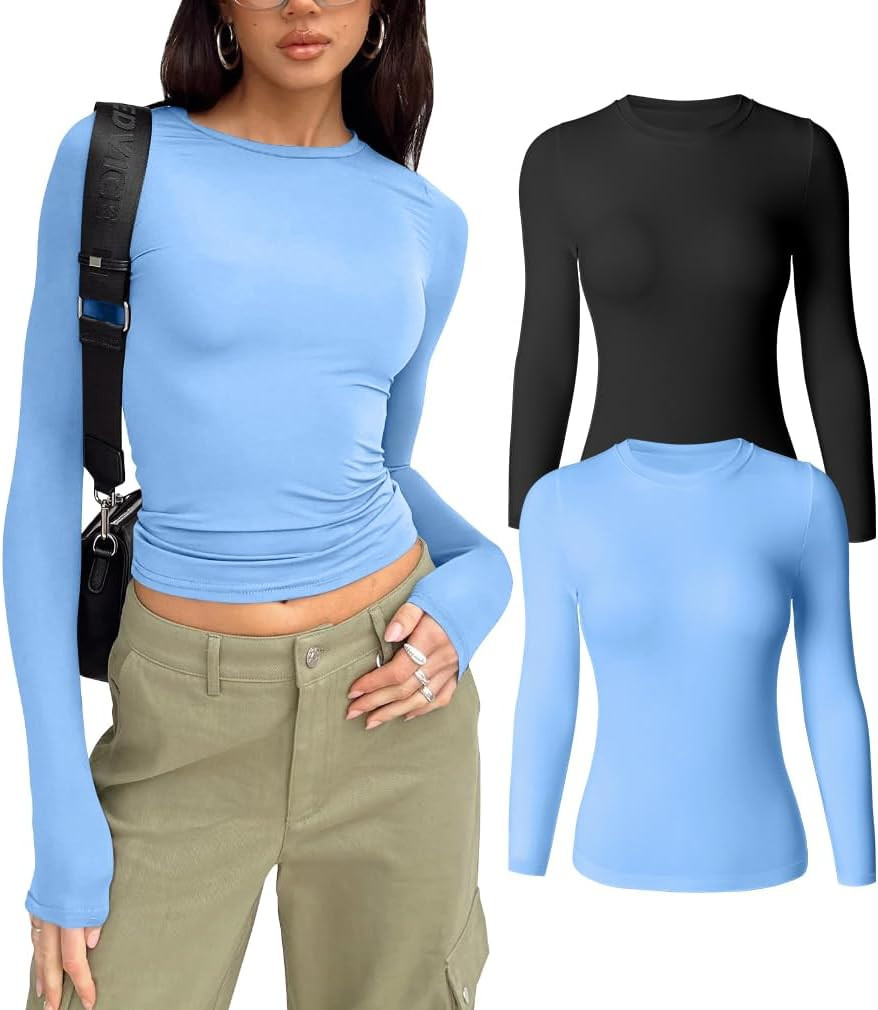 HYZ Women's Casual Long Sleeve Crew Neck Slim Fit Going Out Seamless Two Piece Tops Tshirt Black Candyblue | Amazon (US)