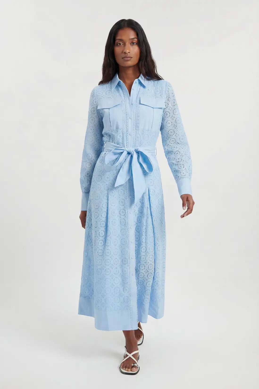 Blue Cotton Broderie Belted Shirt Dress | Karen Millen | Karen Millen