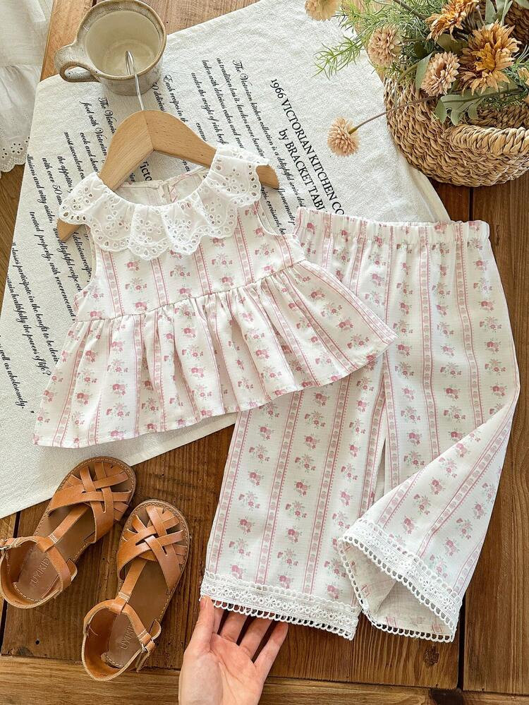 SHEIN LMoss Kids Babygirl Cute Floral Print Ruffle Trim Top And Pants Set, Summer | SHEIN