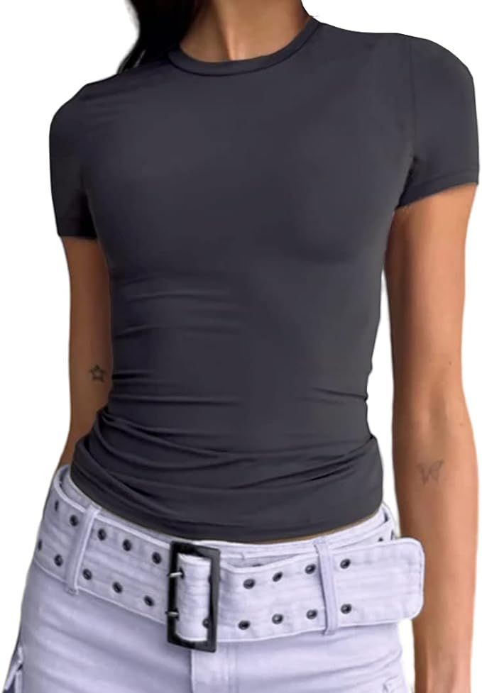 Women's Casual Basic Going Out Crop Tops Slim Fit Short Sleeve Crew Neck Tight T Shirts | Amazon (US)