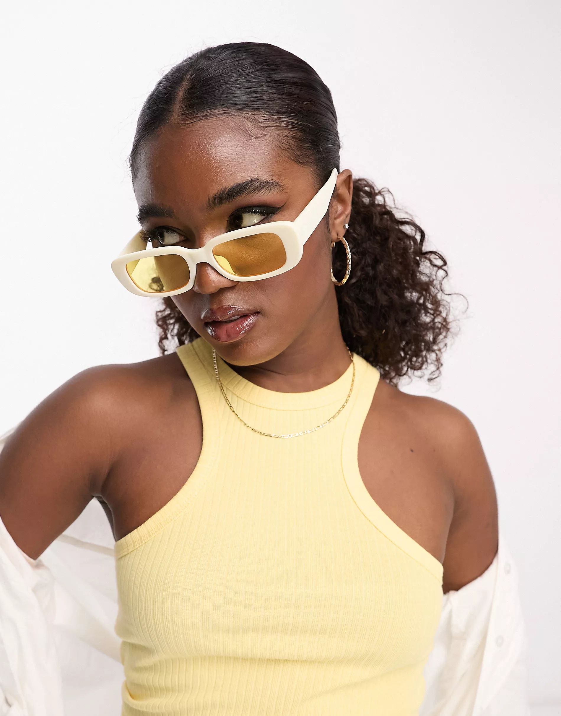 Monki small rectangle sunglasses in cream with yellow tinted lenses | ASOS (Global)