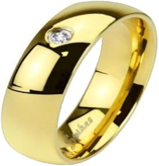 4, 6 or 8mm Stainless Steel Single CZ Gold Plated Wedding Band Ring | Amazon (US)