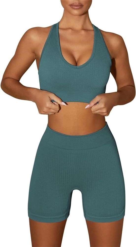 WANLISS Summer Plus Workout Sets for Women 2 Piece Seamless Ribbed Crop Tank High Waist Shorts Ca... | Amazon (US)