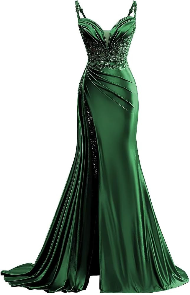 V Neck Satin Prom Dresses Long Mermaid Lace Evening Gown with Slit Pleated Bodycon Formal Dress w... | Amazon (US)