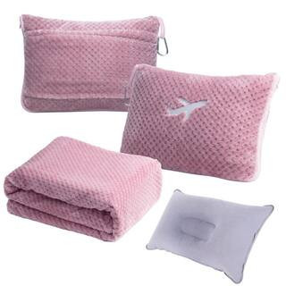 3 in 1 Blush Pink Inflatable Travel Blanket Pillow Set with Travel Blanket and Bag for Airplane, Camping and Car Trip | The Home Depot