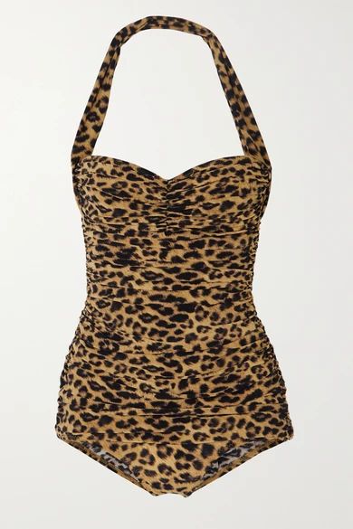 Norma Kamali - Bill Mio Ruched Leopard-print Halterneck Swimsuit - Leopard print | NET-A-PORTER (US)