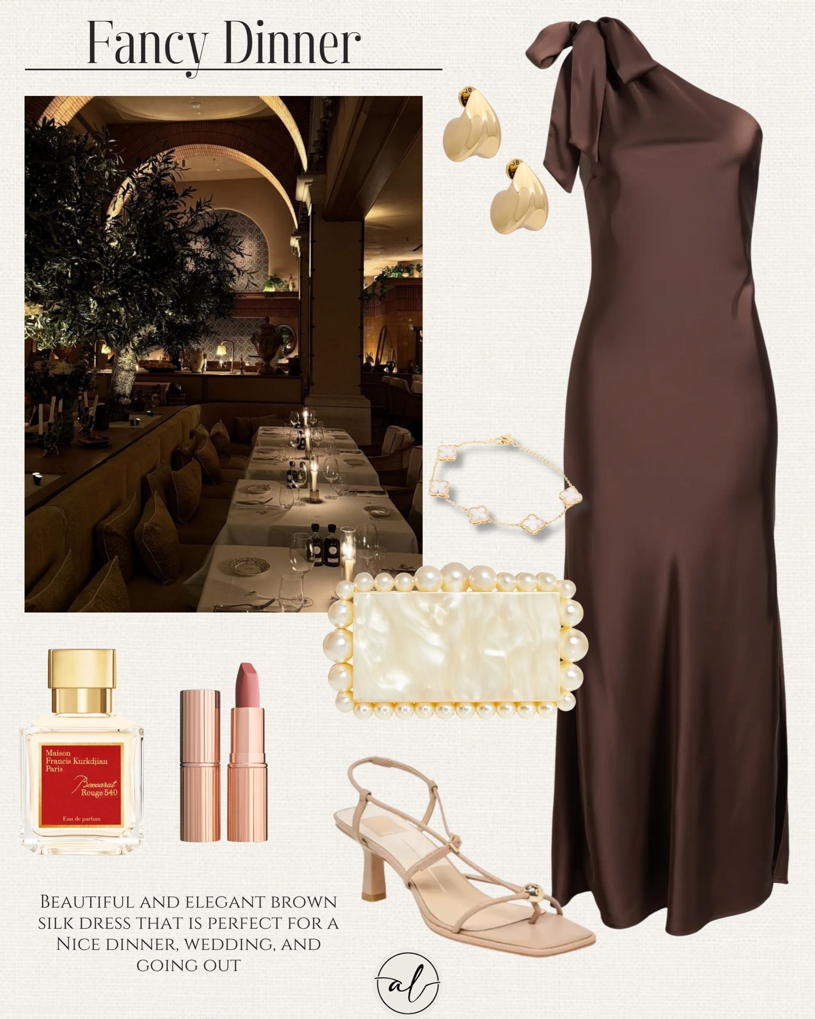Fancy dinner outfit 
Beautiful and elegant brown silk dress that is perfect for a nice dinner, wedding, and going out.

#LTKU #LTKSeasonal #LTKootd