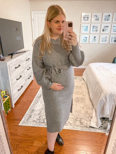 Love a great classic maternity sweater dress! This ribbed material is super cute and I love the side slits. Wearing size L.

#LTKHoliday #LTKbump #LTKSeasonal