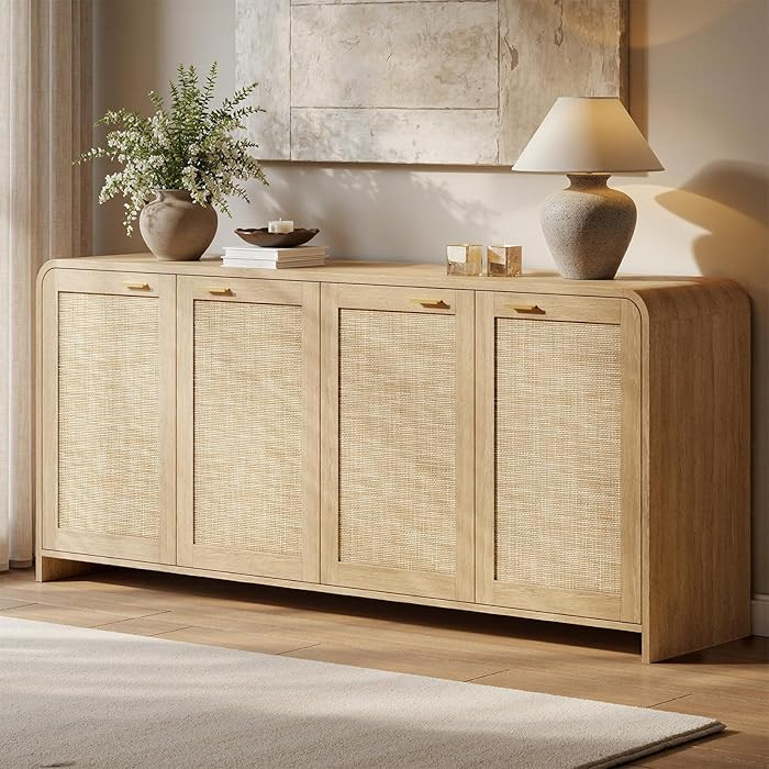 Evermagin 67" Rattan Buffet Cabinet with Storage, Boho Sideboard Cabinet with 4 Doors, Large Cred... | Amazon (US)