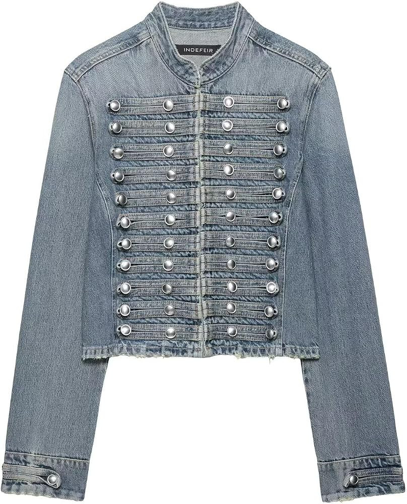 Women's Military Denim Jacket, Cropped Fitted Jean Jacket with Band Collar, Metal Hook Closure | Amazon (US)