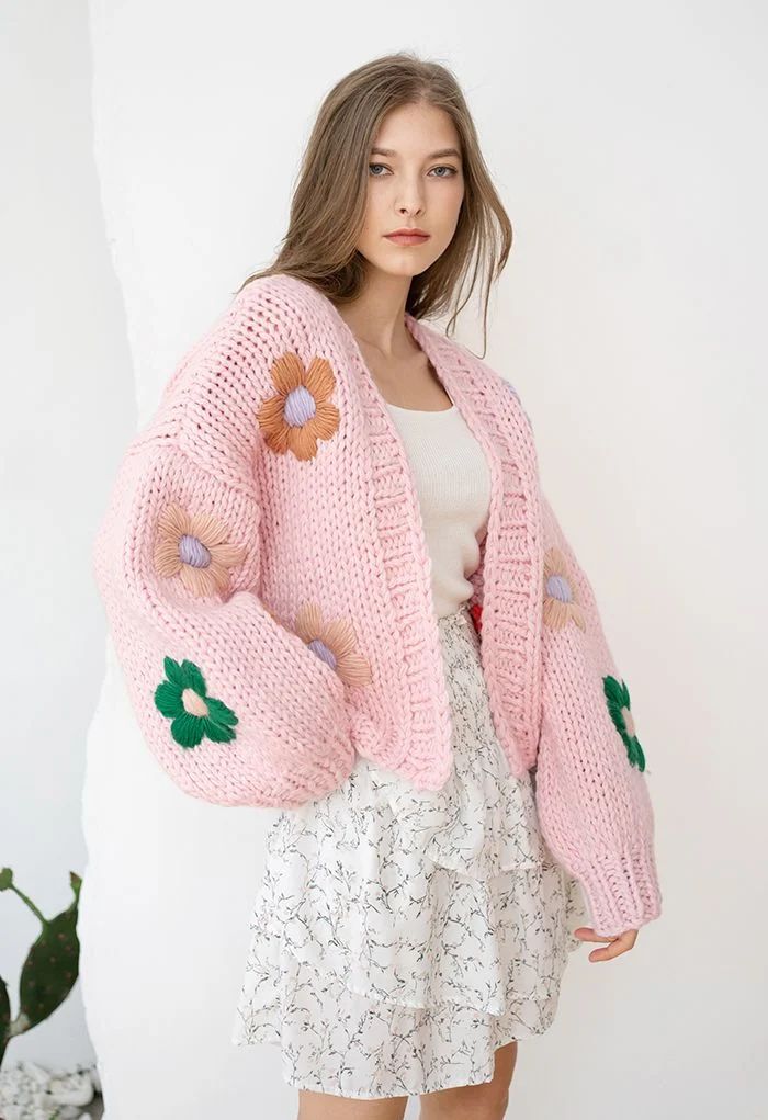 Stitch Flowers Hand-Knit Chunky Cardigan in Pink | Chicwish