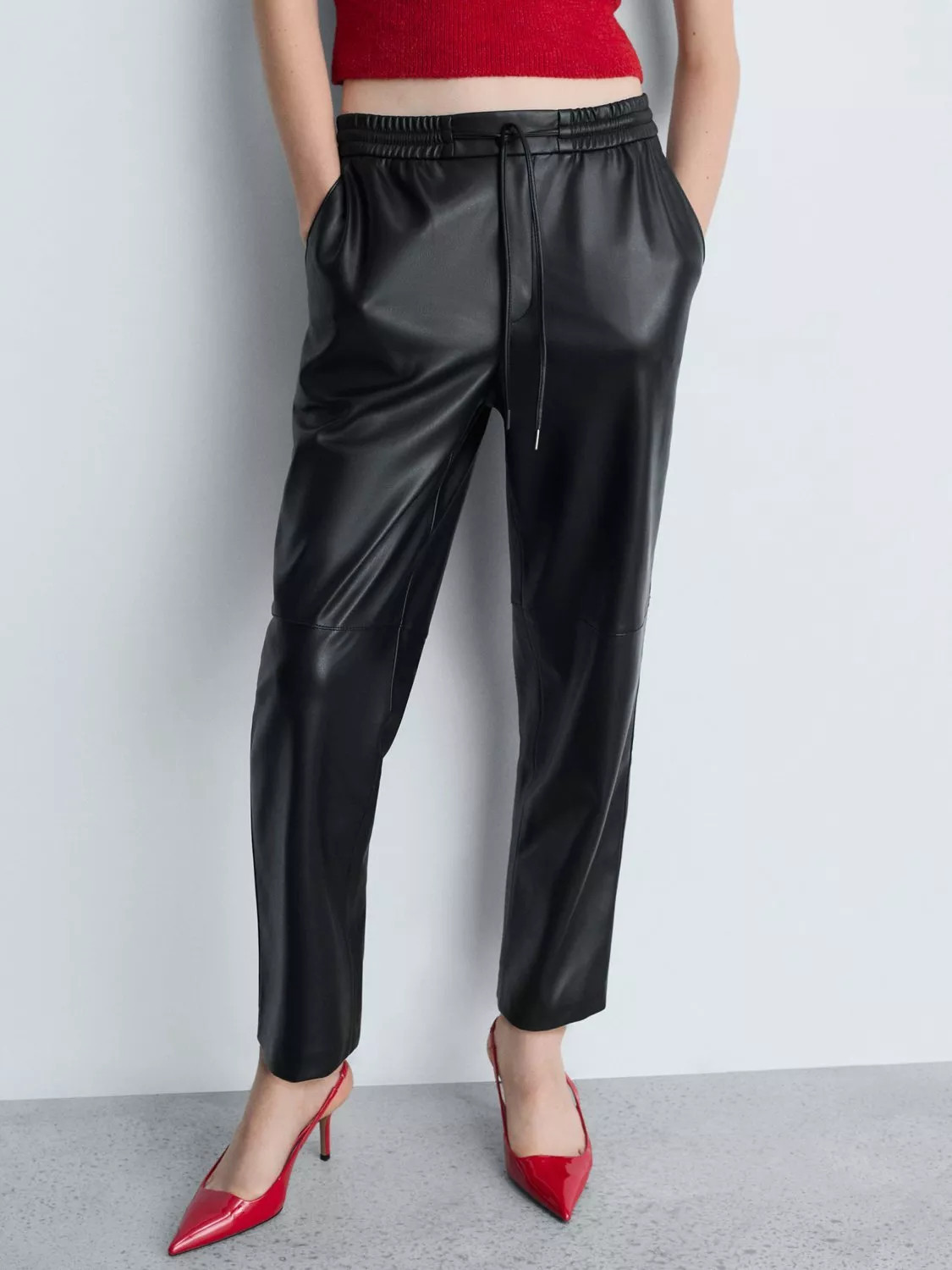 Mango Apple Faux Leather Elasticated Waist Slim Trousers, Black | John Lewis (UK)