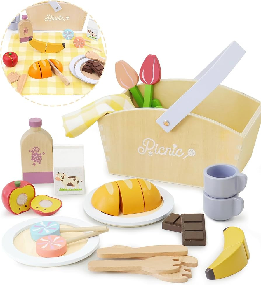 Play Food Sets for Kids Kitchen, Wooden Picnic Basket Playset Toy,Pretend Play Kitchen Food Toy w... | Amazon (US)