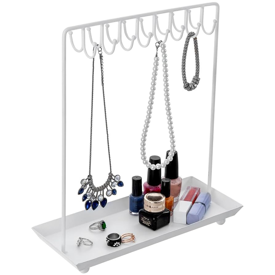 MyGift White Metal Jewelry Organizer Stand for Necklaces with 20 Hooks and Ring Tray | Amazon (US)