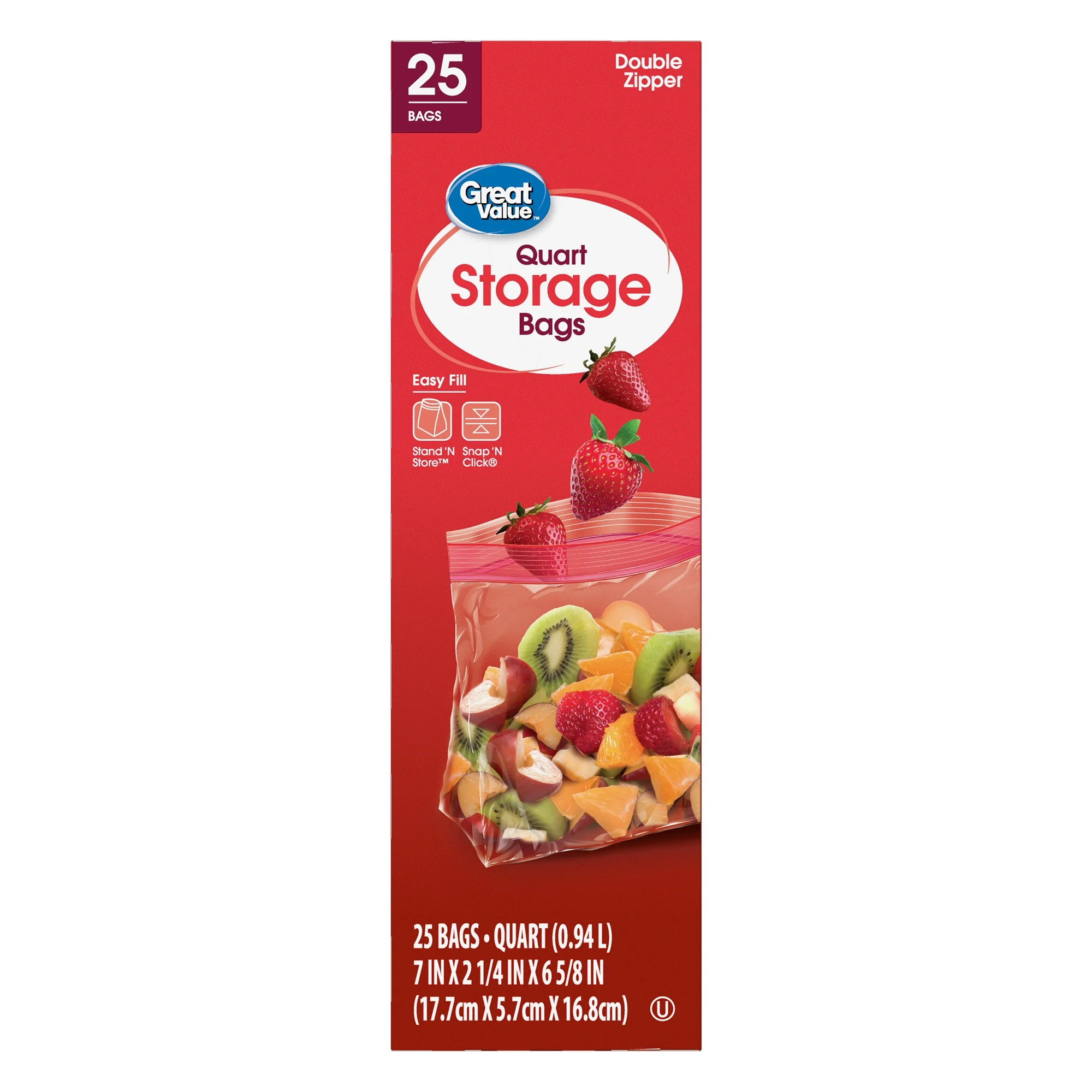 Great Value Fresh Seal Quart Storage Double Zipper Bags, 25 Count | Walmart (US)
