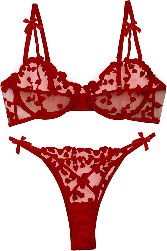 Lilosy Sexy Underwire Cute Push Up Strappy Embroidered Mesh Sheer Lingerie Set See Through Panty ... | Amazon (US)