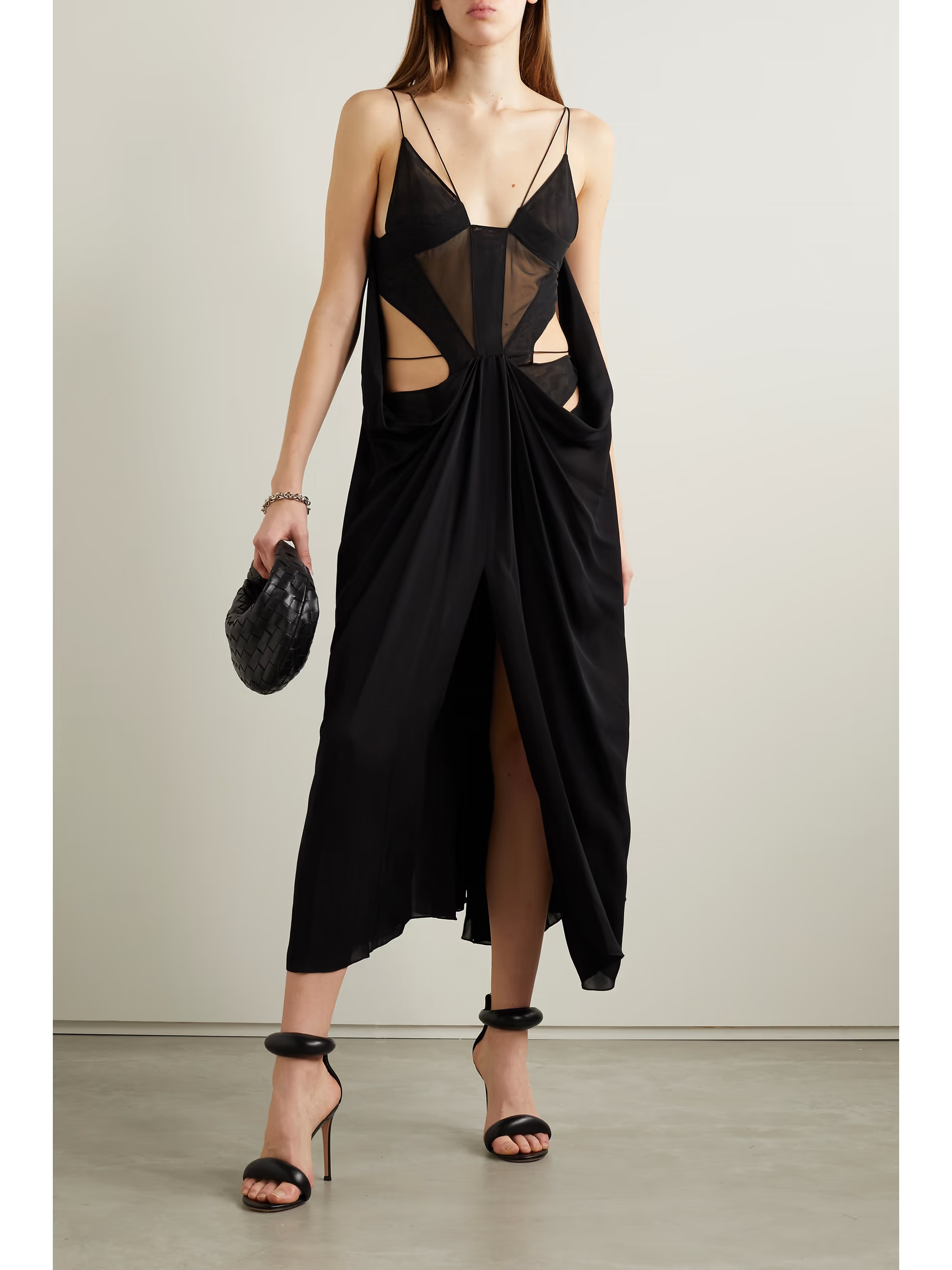 MUGLERCutout tulle-trimmed crepe de chine midi dress | NET-A-PORTER (US)