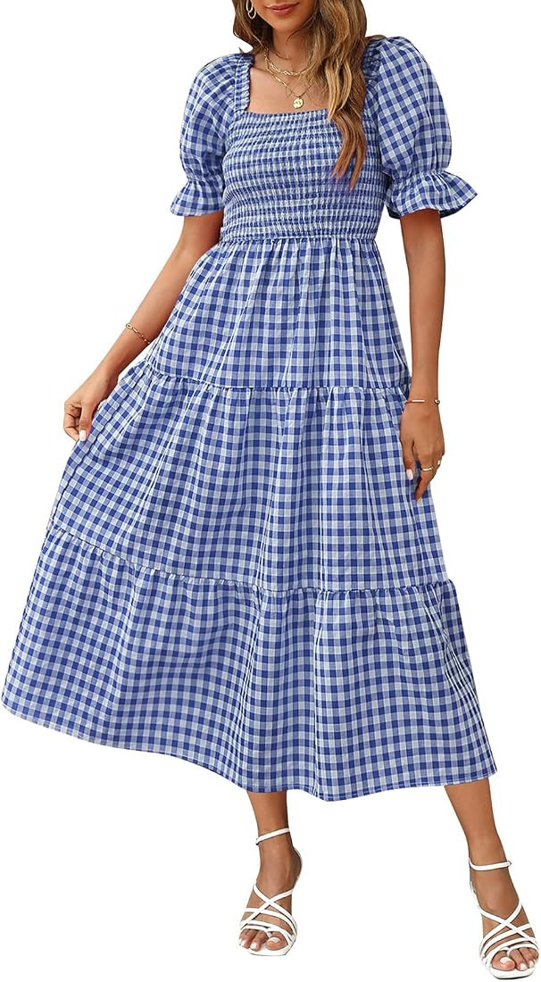 ZESICA Women's 2023 Bohemian Summer Plaid Square Neck Puff Sleeve Ruffle Flowy Beach Midi Dress | Amazon (US)