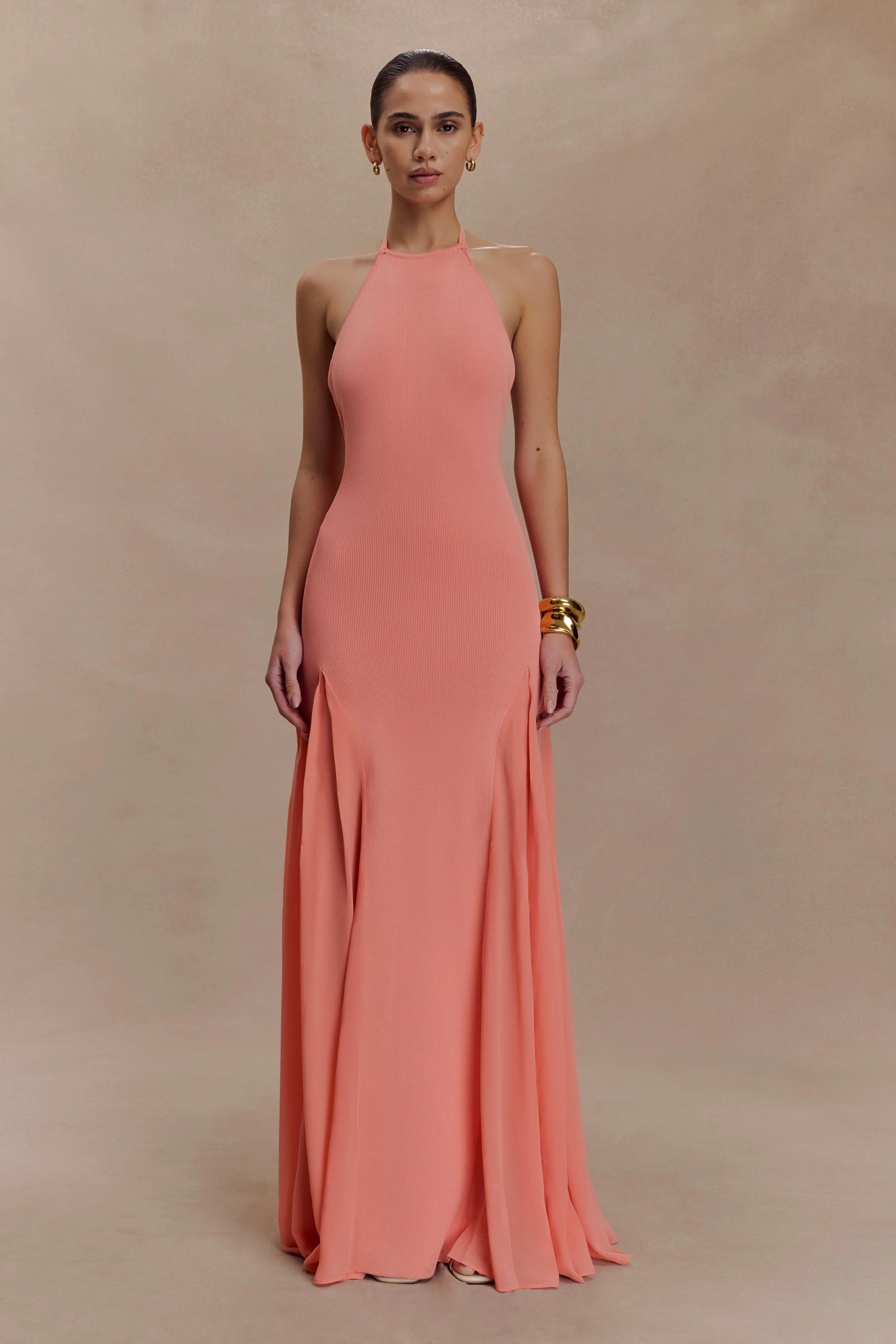 Soleil Knit And Mesh Halter Maxi Dress - Coral | MESHKI US