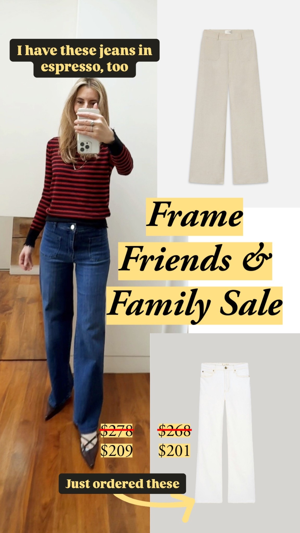 Use code FAMILY25 for 25% off! I’m wearing size 26, my usual size. I’m 5’7”, and the length is great for flats or kitten heels | frame denim | palazzo | sailor jeans | friends and family sale | white denim 

#LTKStyleTip #LTKSaleAlert #LTKWorkwear