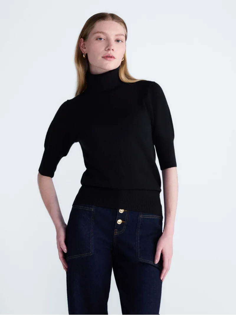Scoop Women\u2019s Cashmere Turtleneck Sweater with Short Sleeves, Lightweight, XXS-XXL | Walmart (US)