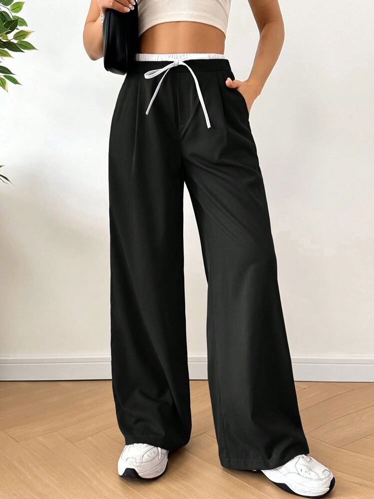 SHEIN EZwear Women's Color Block Casual Daily Wear Long Pants,Ladies Spring/Fall Casual Drawstring,Pocket Natural Wide Leg Long Black Loose Women Pants,Casual Daily Wear | SHEIN