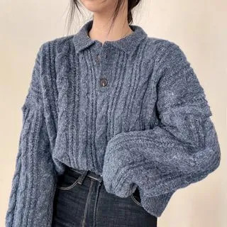 Polo-Neck Cable Knit Sweater | YesStyle Global