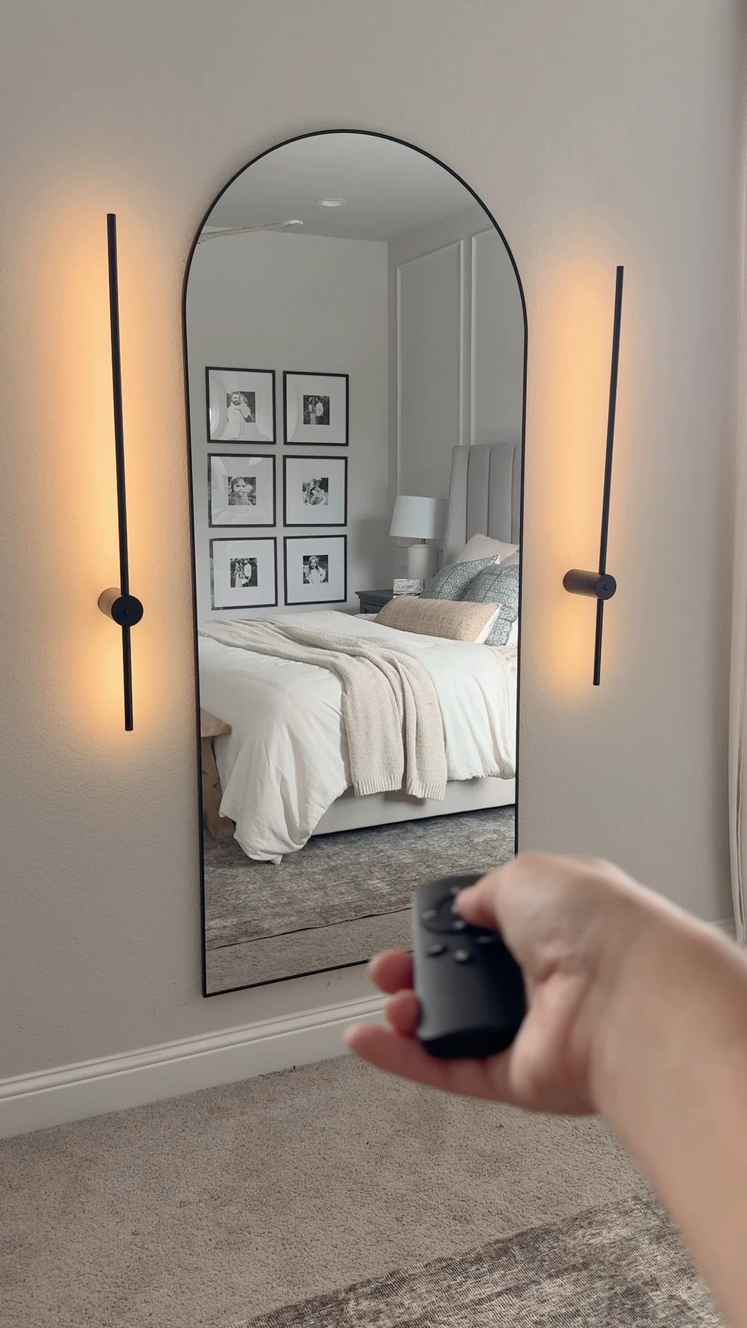 Walmart oversized arched mirror, Amazon rechargeable wireless lights, modern lights, wall sconces, bedroom design, bedroom decor 

#LTKHome #LTKFindsUnder50 #LTKxWalmart