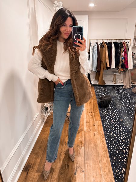 Teddy bear vest, Sherpa vest, casual outfit, winter outfit, High rise ankle straight jeans are 25% off and jacket/sweater are 50% off!

#LTKstyletip #LTKCyberWeek #LTKSeasonal