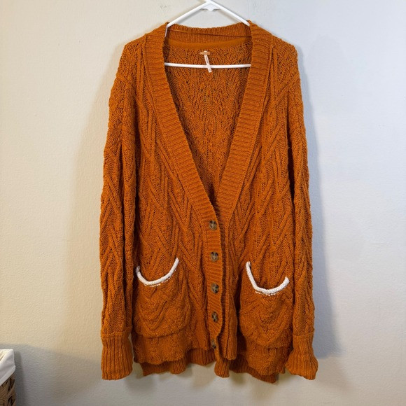 Free People Burnt Orange Cable Knit Button Front Cardigan Sweater Small S | Poshmark